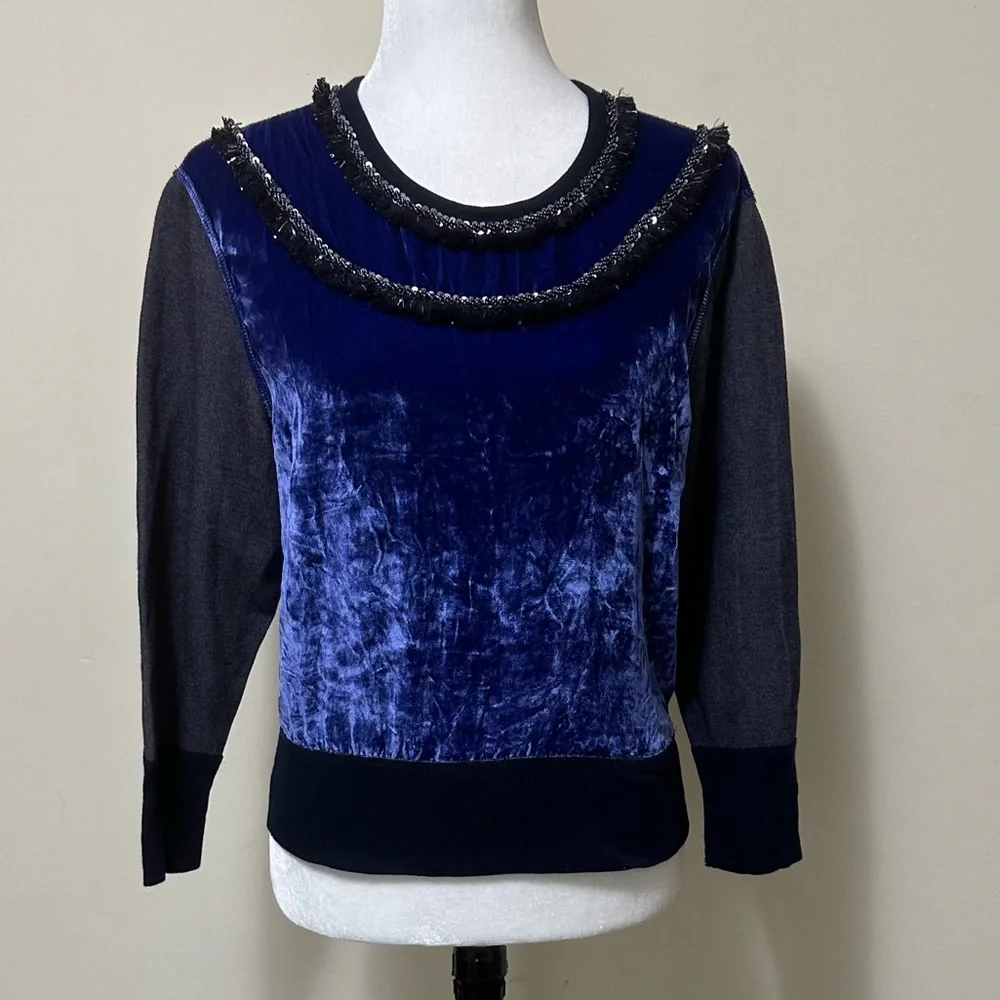 J Crew Black Label Blue Crush Velvet Beads Silver Tinsel Fringe Pullover Top S/M - Picture 15 of 15